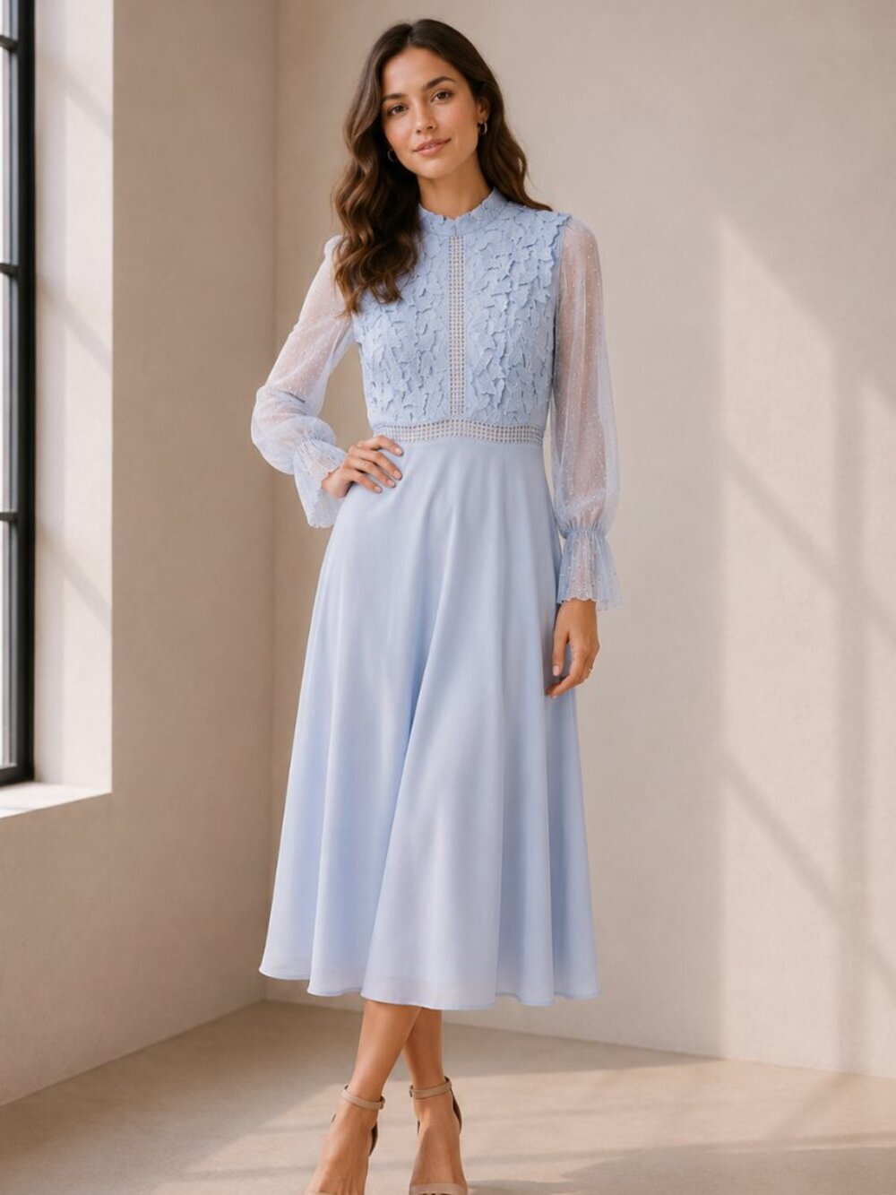SHEIN Blue Floral Lace Midi Dress Sequin Sheer Sleeve Wedding Guest M 0501 - Picture 1 of 9